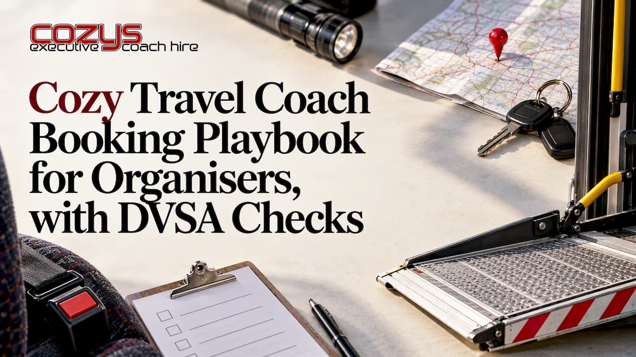 Cozy Travel Coach Booking Playbook for Organisers, with DVSA Checks